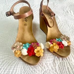 BioStep made in Spain Colorful Floral Leather Wedge Sandals Boho Festival